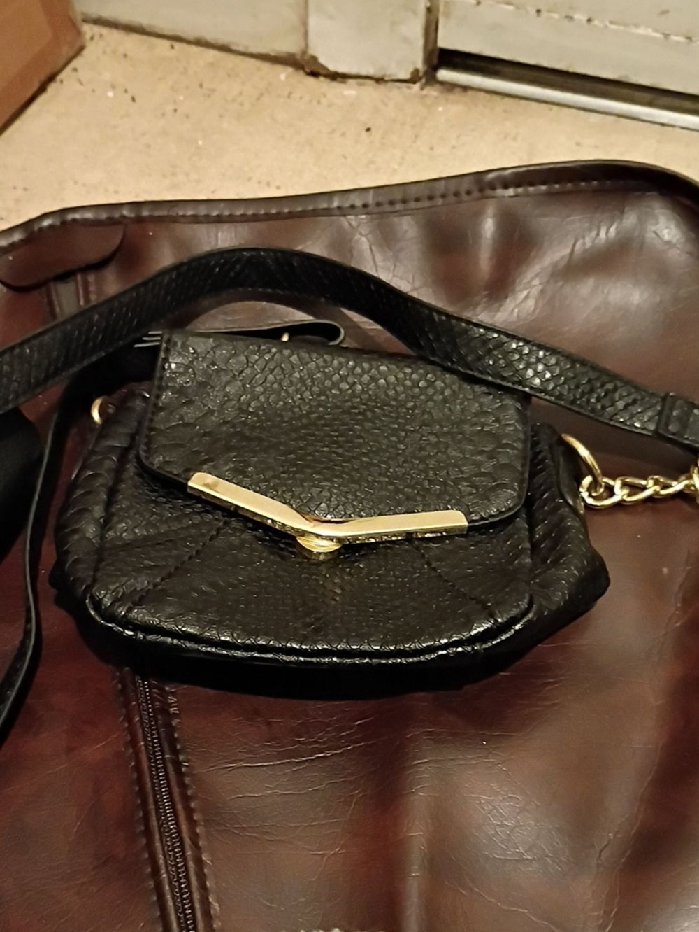 Black Faux-Leather Crossbody Bag with Gold Accent
